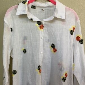 Lagenlook hemp blend floral embroidered button down top